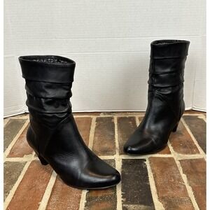 Black Leather Slouch Boots Block High Heel Mid-Calf Women's 7.5